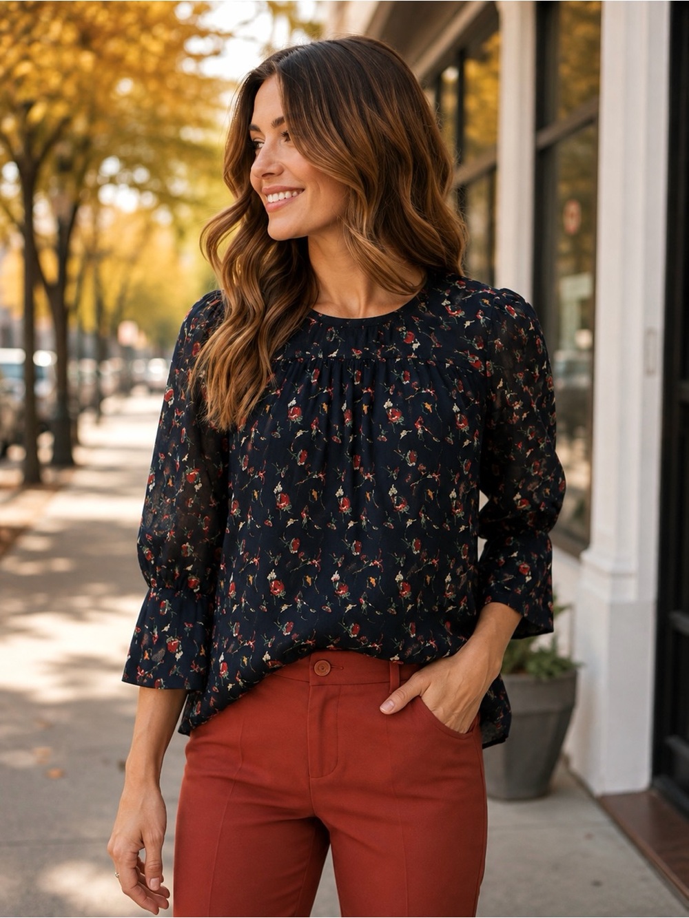 Reiss Top Ella Blue Floral Print 3/4 Sleeve Lined Blouse